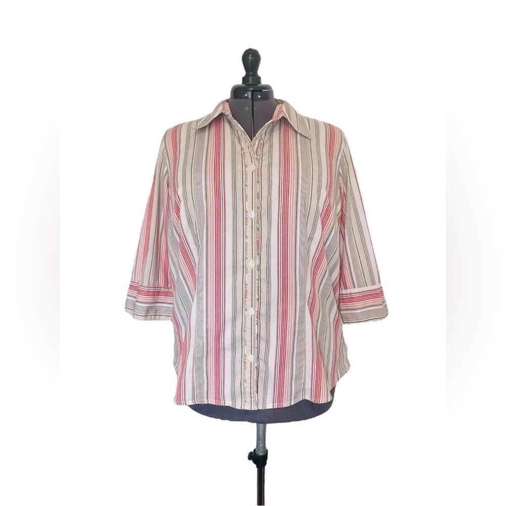 G.V. Stretch Plus Size Button Down Blouse 3/4 Sleeve Beige Red Stripe 14/16W
